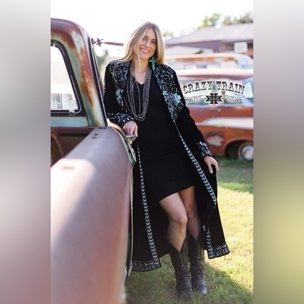 Crazy Train Black and Teal Long Velvet Duster